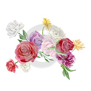 Watercolor bright floral bouquet with red rose, purple and pink peony. White flower, chrysanthemum. Botanical art