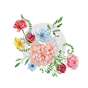 Watercolor bright floral bouquet with red rose, white peony, blue anemone. White flower, blush chrysanthemum.