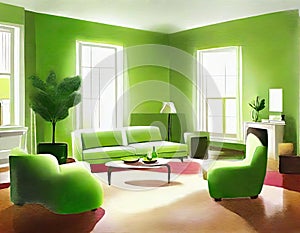 Watercolor of Bright green living room interior with a relaxed AI