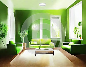 Watercolor of Bright green living room interior with a relaxed AI