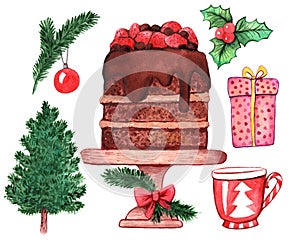 Watercolor bright hand-drawn christmas set with elements on white background. Cake, Christmas tree, gift, mug