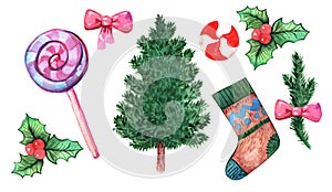 Watercolor bright hand-drawn christmas set with elements on white background. candy cane, christmas tree, sock, christmas sock,