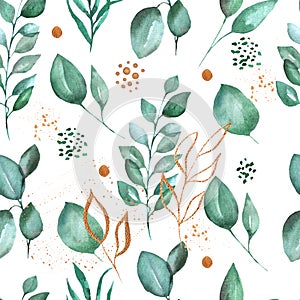 Watercolor bright leaves seamless pattern. Hand painted. Perfect for fashin, textile and wedding cards, invitations