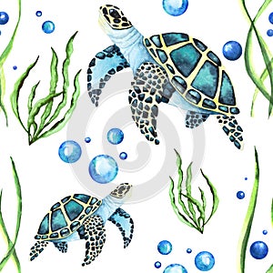 Watercolor Bright Paterrn with Sea Turtles and Seaweed and Bubbles