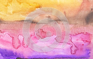 Watercolor bright pink, yellow, purple and brown background texture. Colorful liquid hand painted backdrop