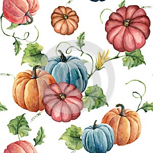 Watercolor bright pumpkin seamless pattern. Hand painted pumpkin ornament with flower, leaves and branch isolated on