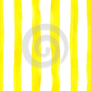 Watercolor bright seamless pattern with painted yellow stripes on white background. Cute colorful endless print, vintage style