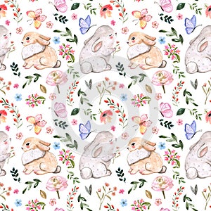 Watercolor bright seamless pattern with two little cute bunnies, spring flowers and leaves, flying butterfly on white background