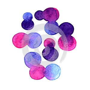Watercolor bright spot blob pattern. Violet, blue and pink color isolated on white background. Art brush abstract