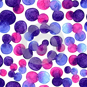 Watercolor bright spot blob seamless pattern. Violet, blue and pink color on white background. Art brush abstract