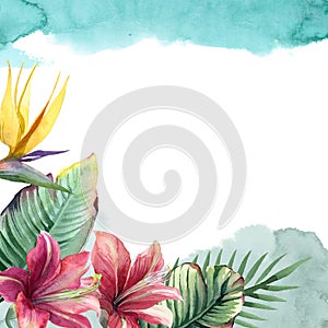 Watercolor bright tropical flowers with green palm leaf with paint splash