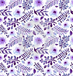 Watercolor Bright Violet Flowers And Leaves Seamless Pattern