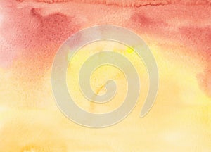 Watercolor bright yellow, peach and reddish-brown background. Stains on paper, blurred backdrop