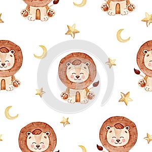 Watercolor brown baby lion and stars seamless pattern on white background