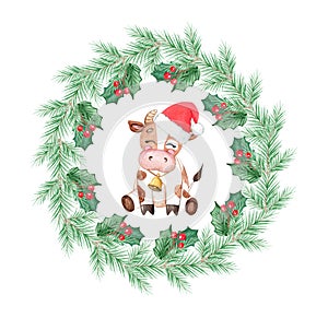 Watercolor brown cow in santa`s hat in christmas wreath frame isolated on white background