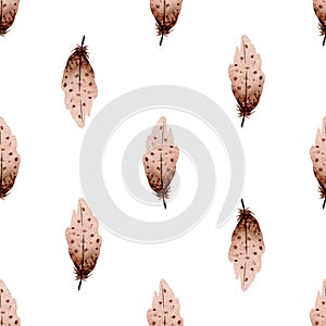 Watercolor brown feathers seamless pattern on white