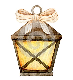 Watercolor brown glowing Christmas lantern with bow. Hand-drawn illustration isolated.