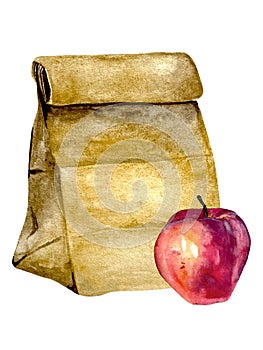Watercolor brown kraft paper pouch with apple isolated on a white background. Small school breakfast paper bag packaging