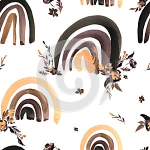 Watercolor Brown Rainbow Floral seamless pattern on white backgroumd