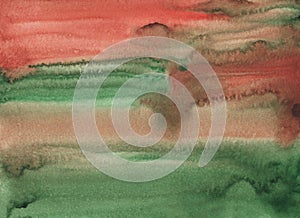 Watercolor brown-red and green background painting texture. Multicolored watercolour liquid backdrop. Stains on paper