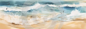 Watercolor Brush Beach View: Aerial Brown Sand & Blue Sea Wave, generative AI