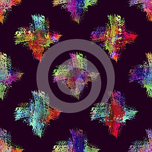 Watercolor Brush Cross Seamless Pattern Grange Geometric Design in Rainbow Color. Modern Grung Collage on Dark Violet