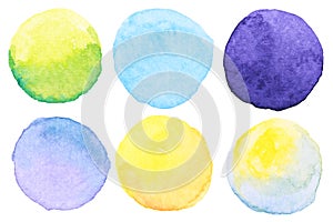 Watercolor brush paint circles shape with a hand drawn in the paper on white background