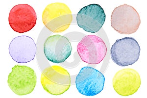 Watercolor brush paint circles shape with a hand drawn in the paper on white background