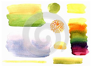 Watercolor brush stain set, water color stain on white paper texture