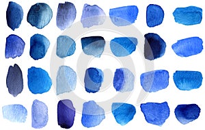 Watercolor brush stokes of blue shades. Blue gradient spots. Hand-drawn navy and cobalt brush stains
