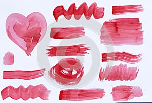 Watercolor brush stroke of red paint, on a white background. Set