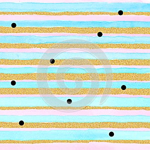 Watercolor brush stroke stripes with gold glitter sparkles background