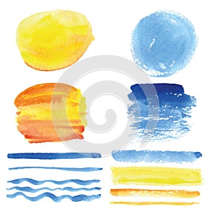 Watercolor brushes, circle frame.Cyan,yellow.Summer