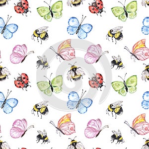 Watercolor bugs and insects seamless pattern. Cute bee, butterfly, lady bug on white background. Summer meadow illustration print