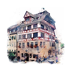 Watercolor building. Durer House in Nurnberg. Expressive watercolor sketch on white background. German landmark. Hand