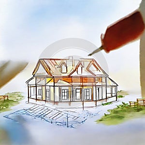 Watercolor of building house on blueprints with worker construction project