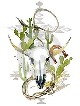 Watercolor bull\'s head. Western style. Isolated skull on white background