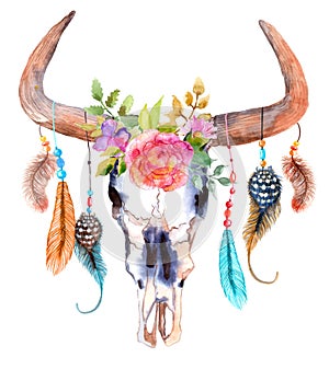 Watercolor bull skull with flowers and feathers