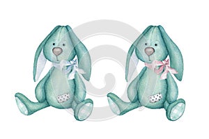 Watercolor bunnies. Bunny toys. Watercolor Illustrations isolated on white background