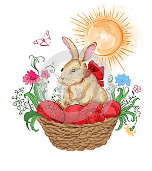 Watercolor bunny in a basket with red easter eggs. Flowers and sun shining on background