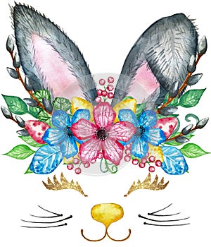 Watercolor bunny ears illustration. Rabbit with spring bouquet.