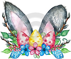 Watercolor bunny ears illustration. Rabbit with spring bouquet.
