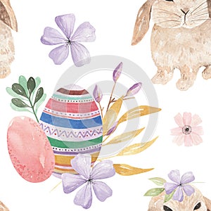Watercolor Bunny Easter Egg Patterns Floral Leaves Buds Bows Seamless Patterns