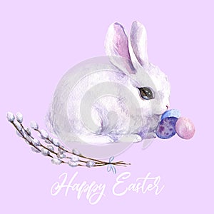 Watercolor bunny illustration. Happy Easter greeting card with cute little rabbit