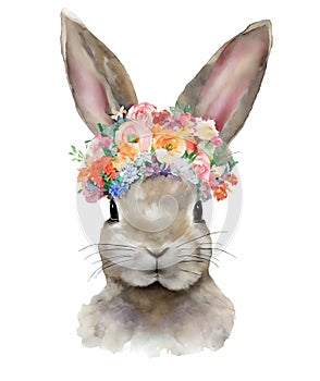 Watercolor bunny illustration. Rabbit with spring bouquet.