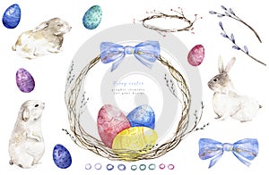 Watercolor Bunny, rabbits with Easter eggs on wooden background