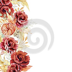 Watercolor Burgundy flower banner. Fall autumn botanical dried floral border in boho style with red rose. Pampas grass