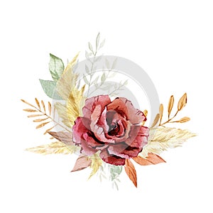 Watercolor Burgundy flower bouquet. Fall autumn floral illustration. Boho floral red rose wedding design. Modern pampas grass