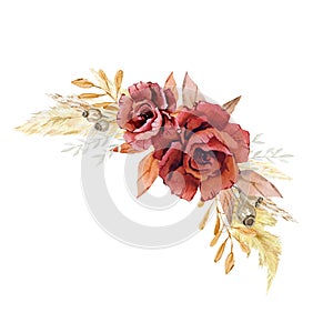 Watercolor Burgundy flower rose bouquet. Fall autumn floral illustration. Boho floral wedding design. Pampas grass
