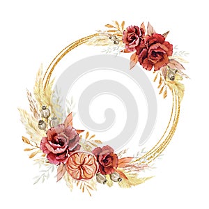 Watercolor Burgundy flower wreath. Fall autumn floral golden frame. Boho floral wedding design. Pampas grass